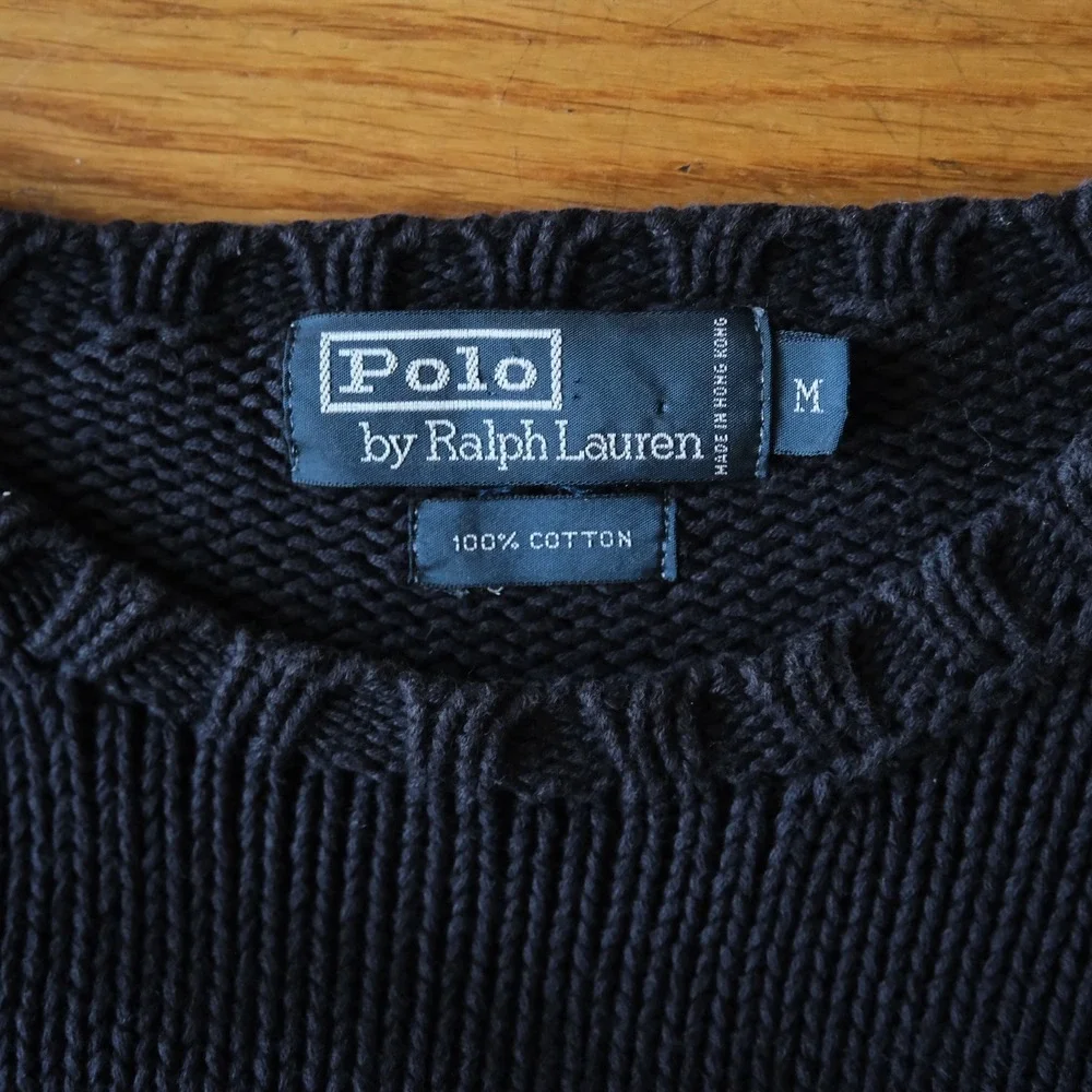 Polo Ralph Lauren Sweater Navy Blue Chenille P Logo Cotton Collegiate Mens M Vtg